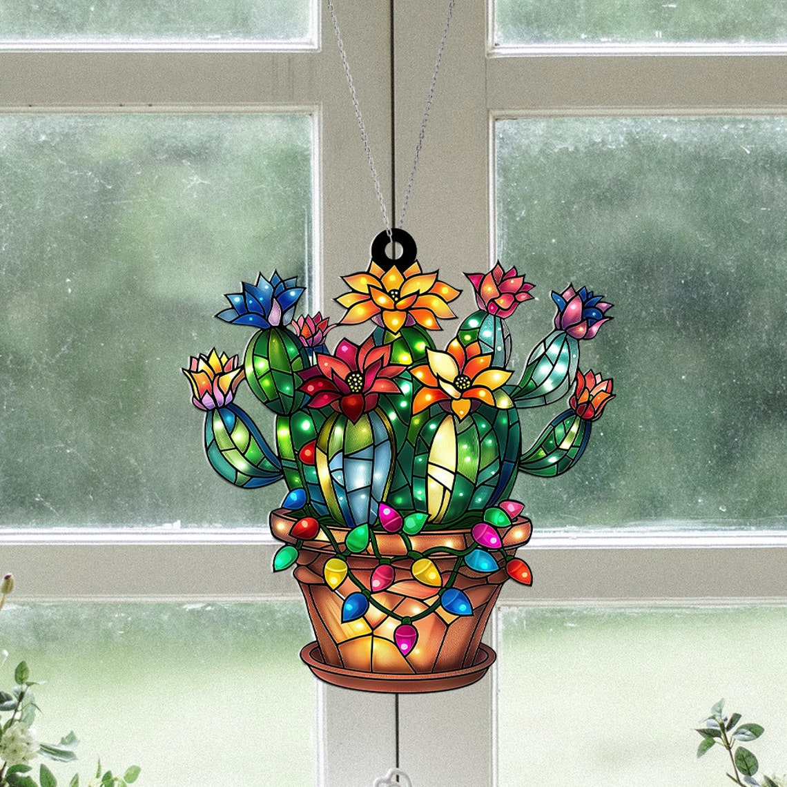 Cactus Pot Christmas Suncatcher, Cactus Flowers Window Suncatcher Ornament