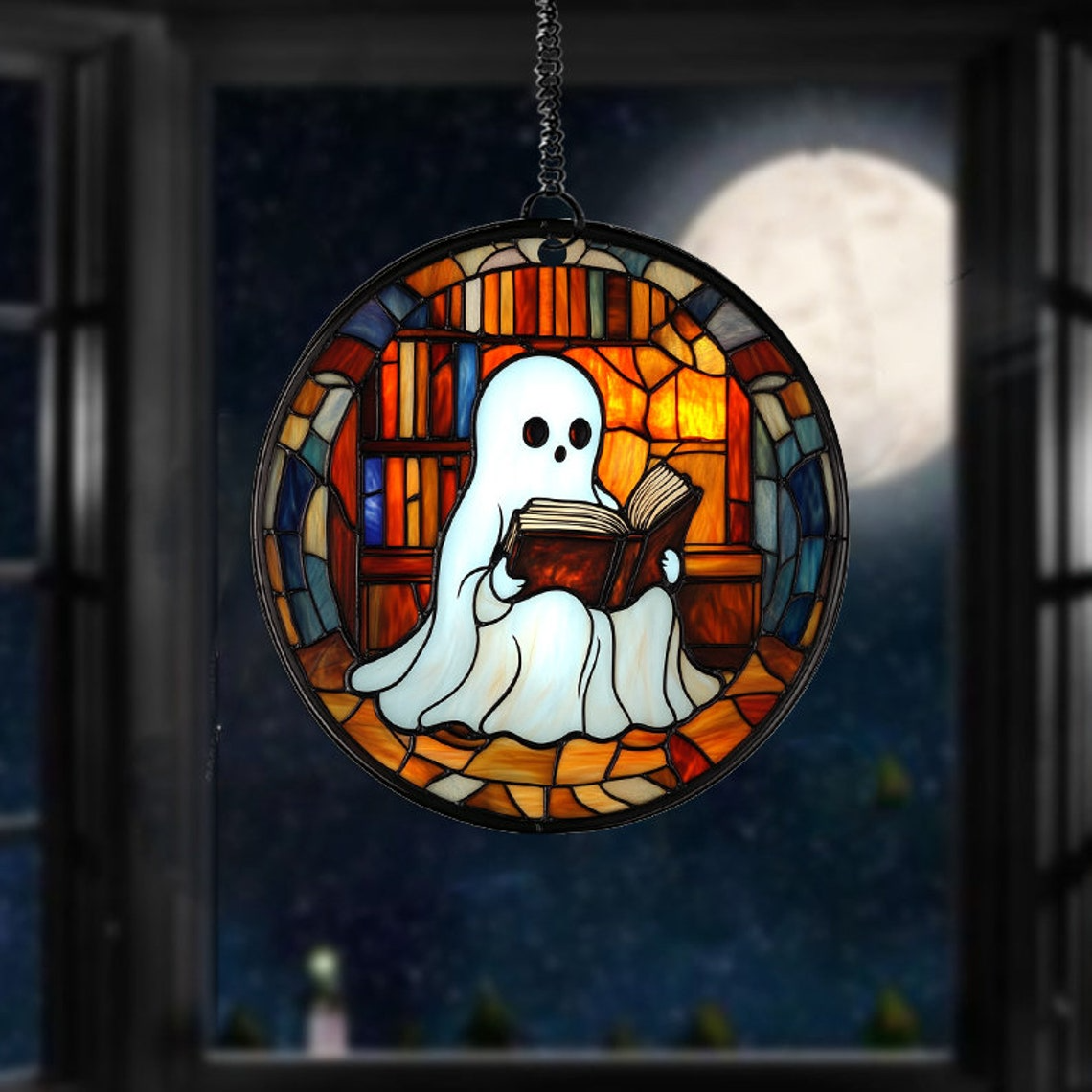 Ghost Reading Book at the Library Suncatcher, Ghost Hanging Ornament Home Decor