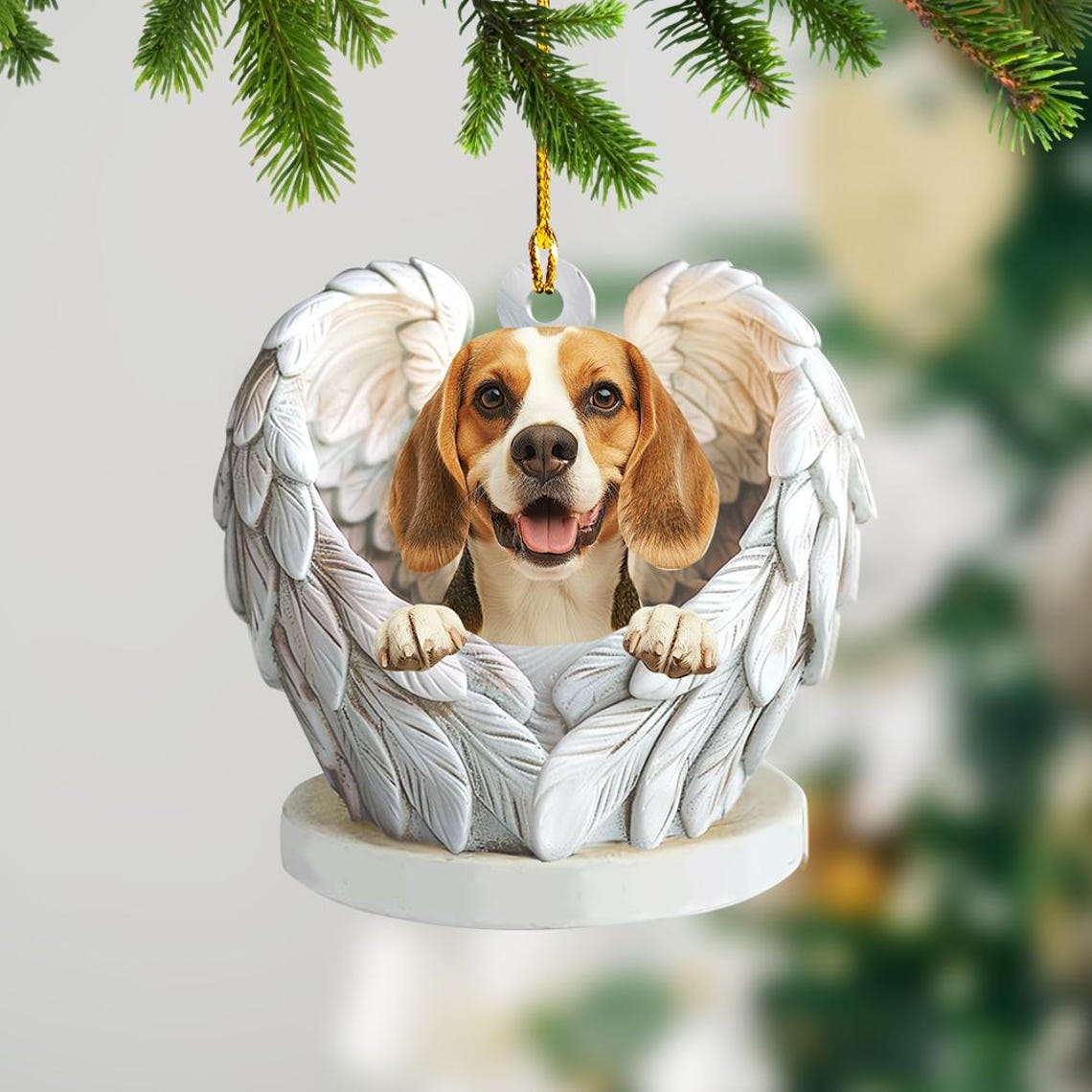 Cute Beagle Dog Angel Wings Christmas Ornament, Beagle Dog Flat Hanging Christmas Ornament Decor