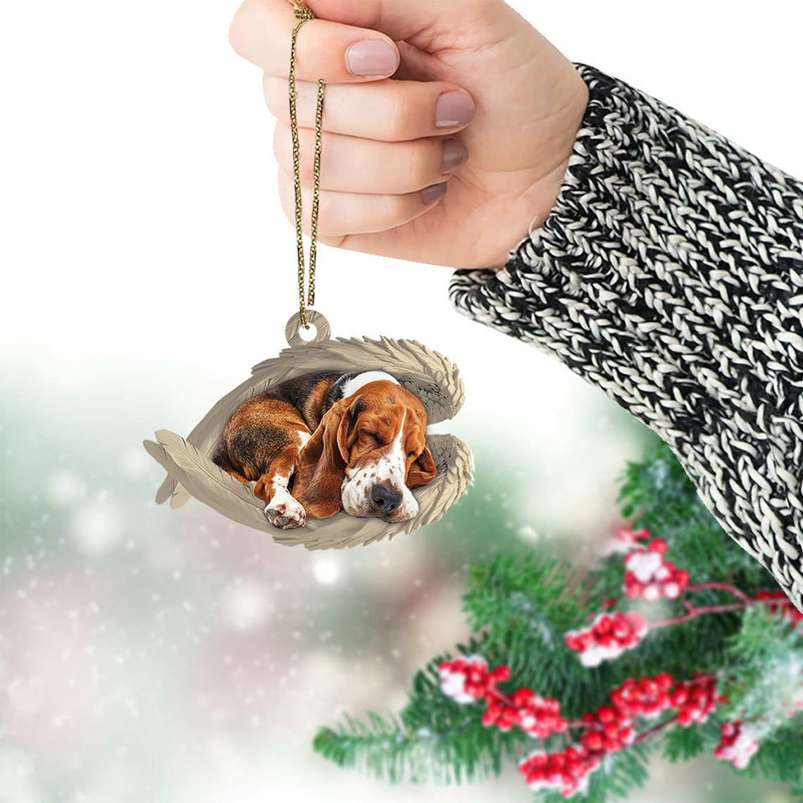 Basset Hound Dog Sleeping Angel Wings Ornament, Basset Hound Dog Christmas Ornament