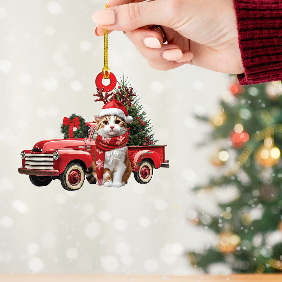 Manx Cat And Red Truck Christmas Ornament, Cute Manx Cat Car Hanging Ornament Decor Gift