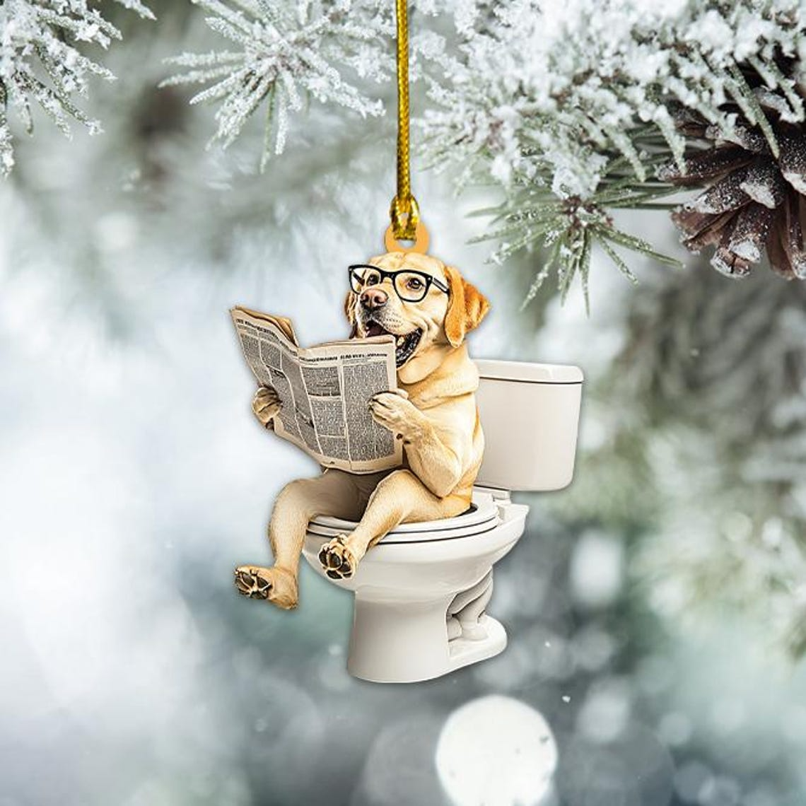 Golden Retriever Dog Sitting On Toilet Ornament, Christmas Dog Reading Newspaper Ornament