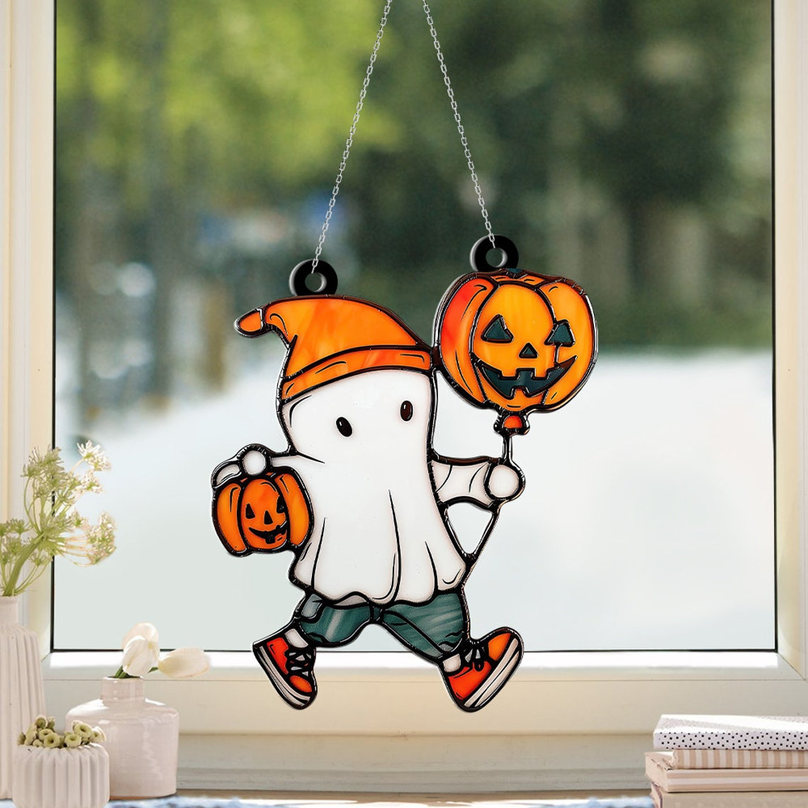 Ghost Boy with Pumpkins Window Suncatcher, Halloween Ghost Hanging Ornament