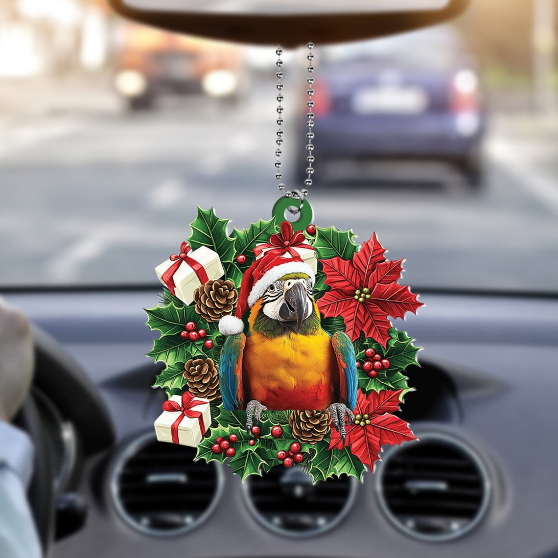 Parrot Hanging Christmas Tree Wreath Ornament, Cute Parrot Rearview Mirror Car Ornament