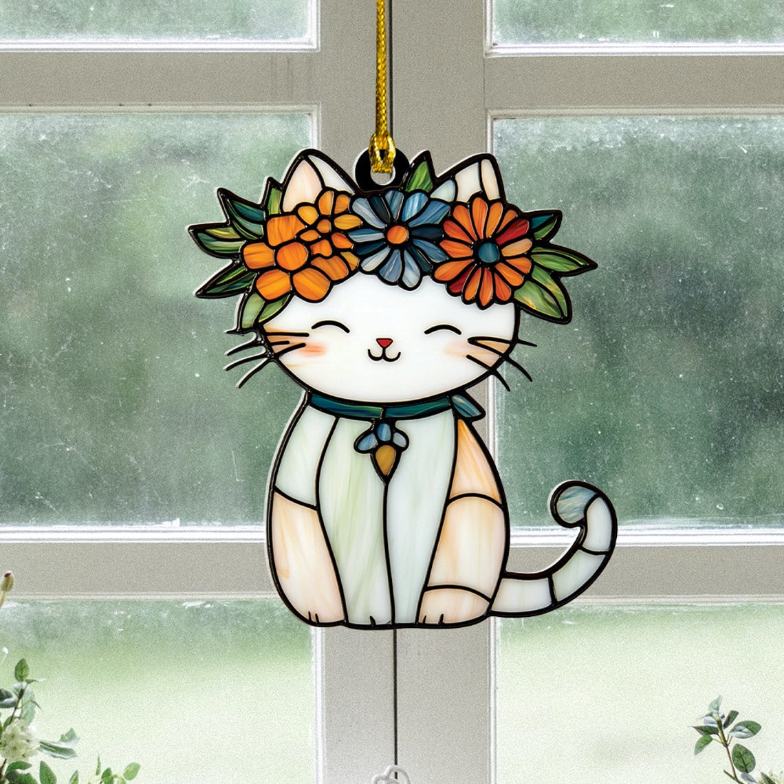 Cute Kitty with Floral Crown Suncatcher, Cute Kitty Hanging Ornament Home Decor