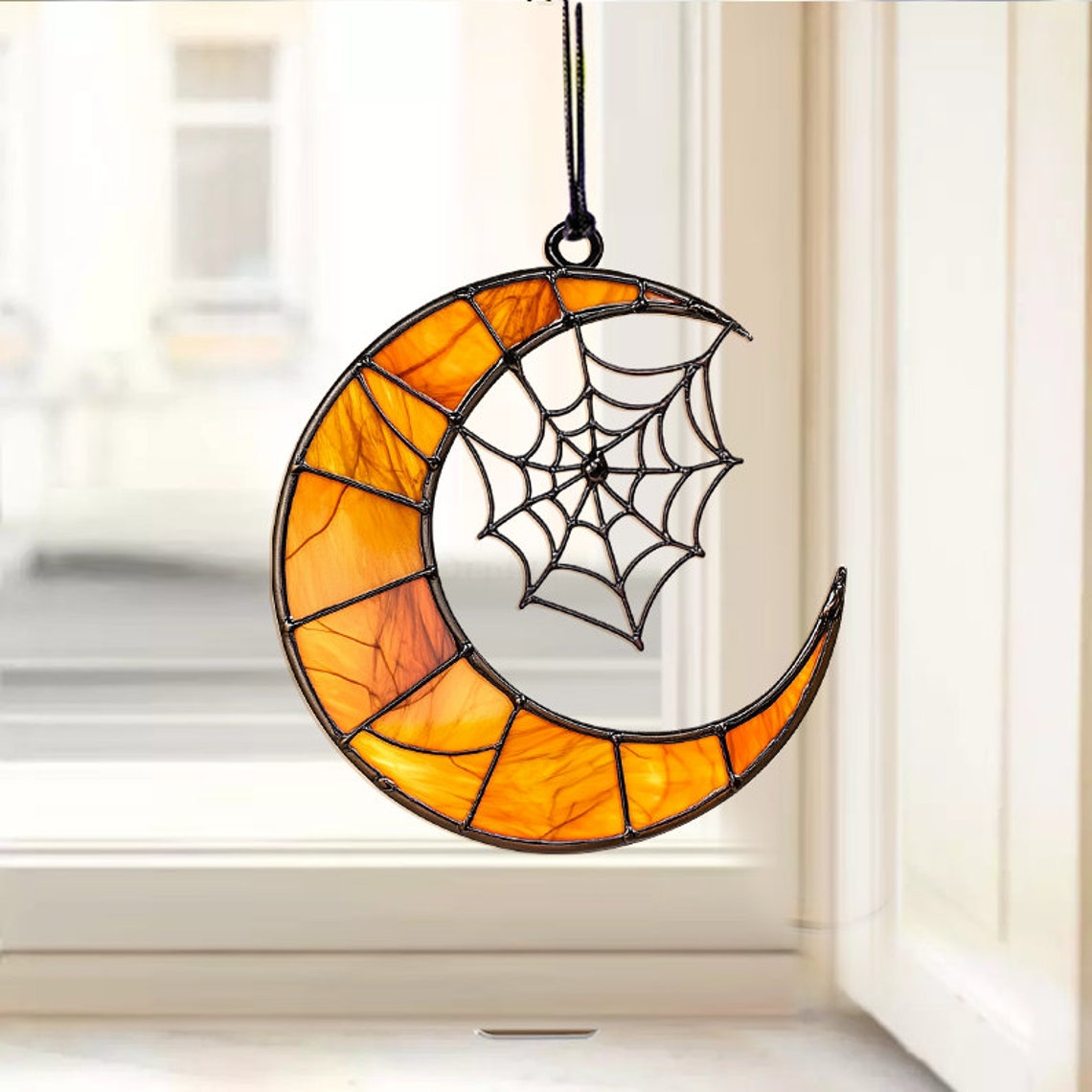 Moon Crest And Spider Web Suncatcher, Halloween Moon Crest And Spider Web Home