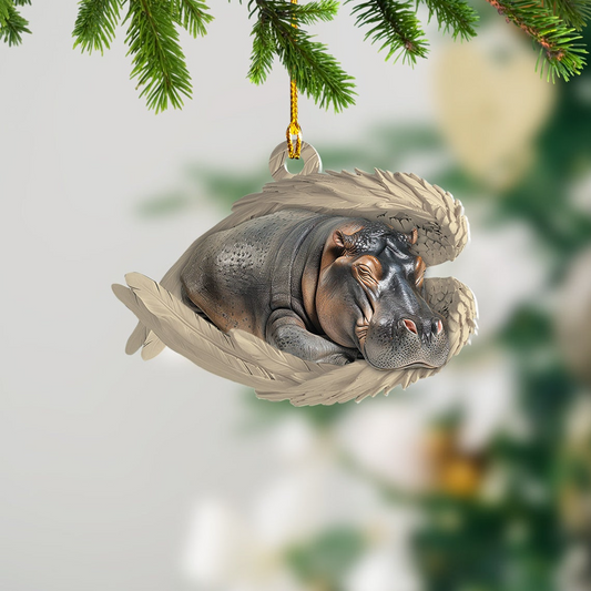 Hippo Sleeping Angel Hanging Ornament Decor, Hippo Angel Wings Christmas Ornament Holiday Gift