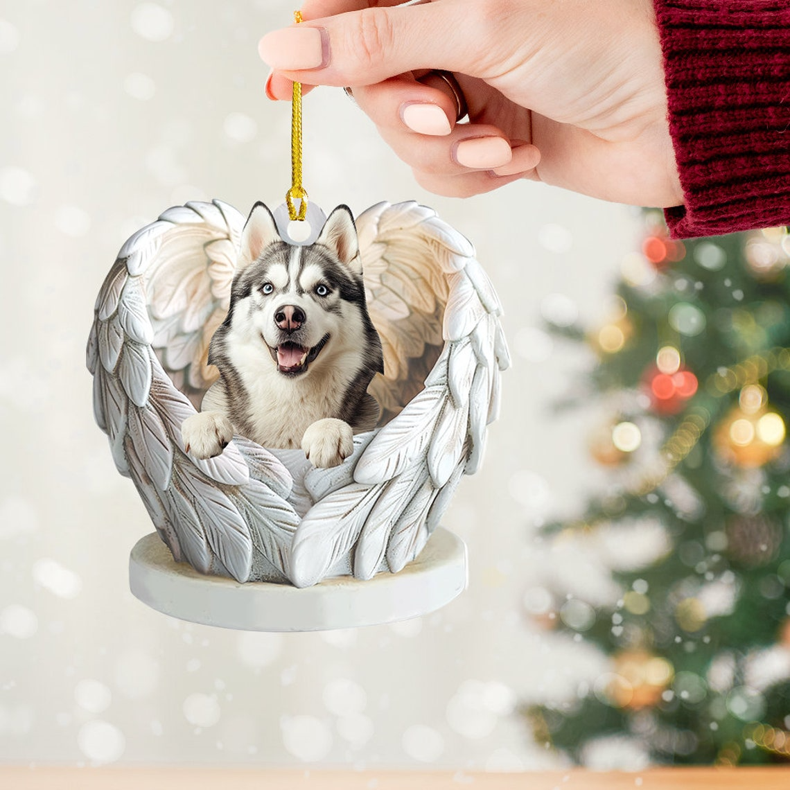 Siberian Husky Dog Angel Wings Ornament, Siberian Husky Dog Christmas Ornament Gift,