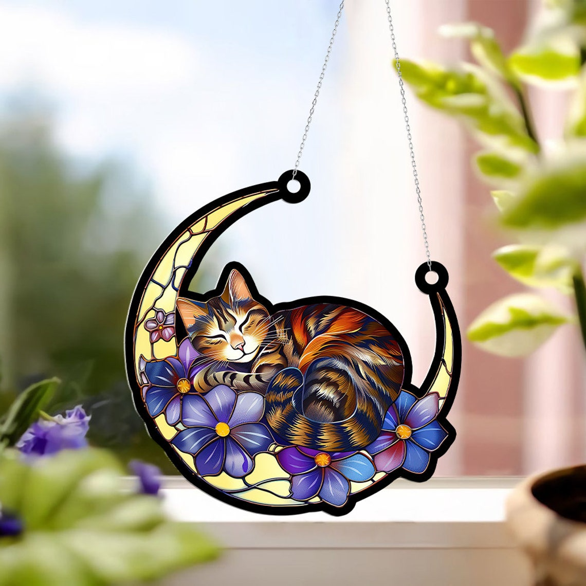 Cat and Floral Purple Memorial Suncatcher, Pet Cat Memorial Hanging Window Ornament