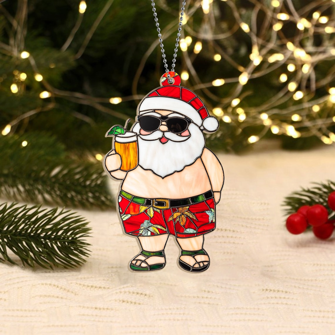 Hawaii Santa Dinking Hanging Christmas Suncatcher, Funny Santa Christmas Ornament Decor (Copy)