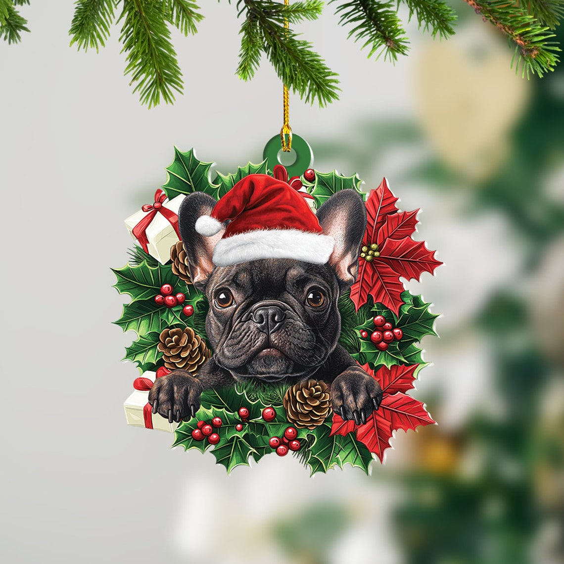 French Bulldog Christmas Wreath Ornament Decor, French Bulldog Christmas Ornament Holiday Gift