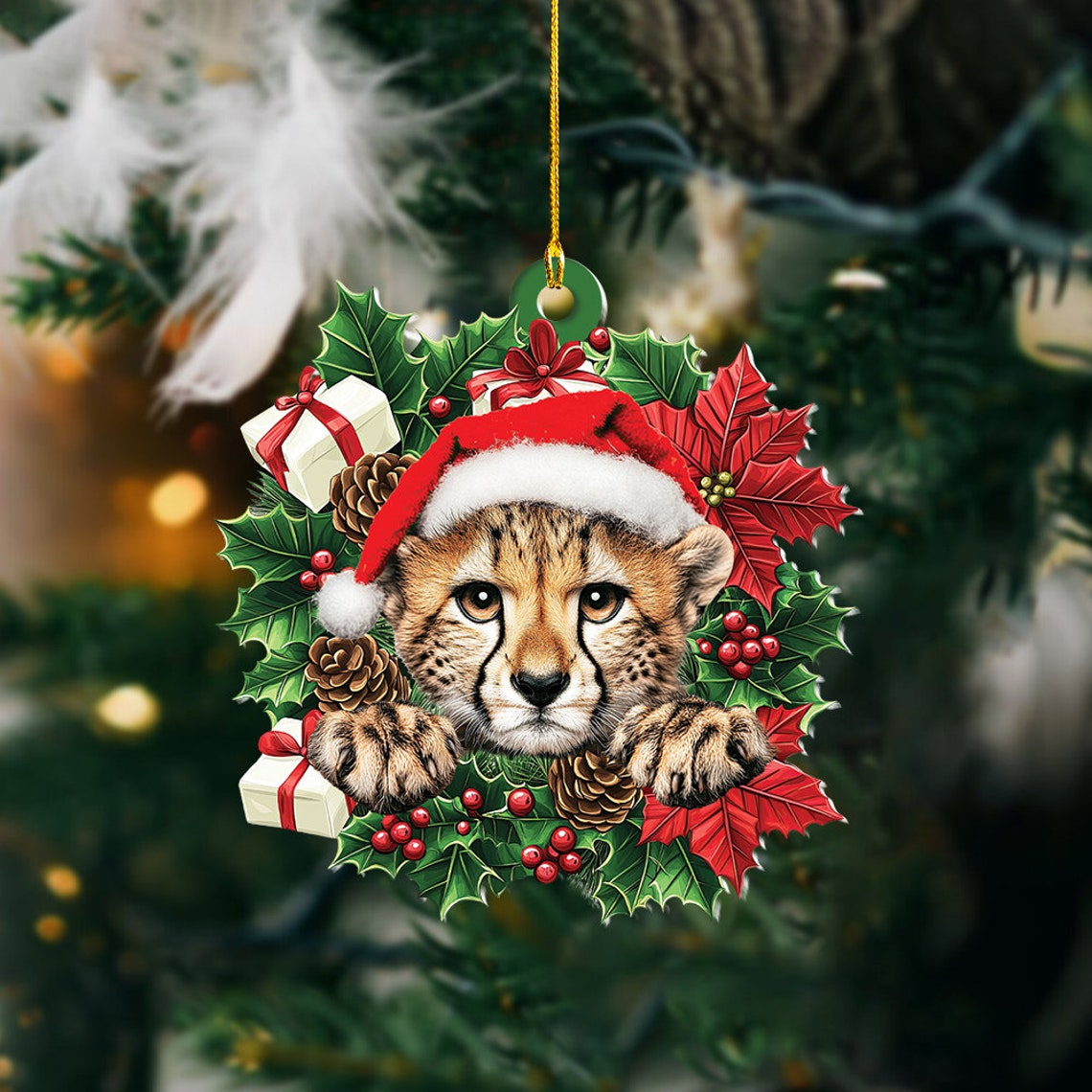 Cheetah Hanging Christmas Wreath Ornament, Unique Cheetah Rearview Mirror Car Ornament Decor