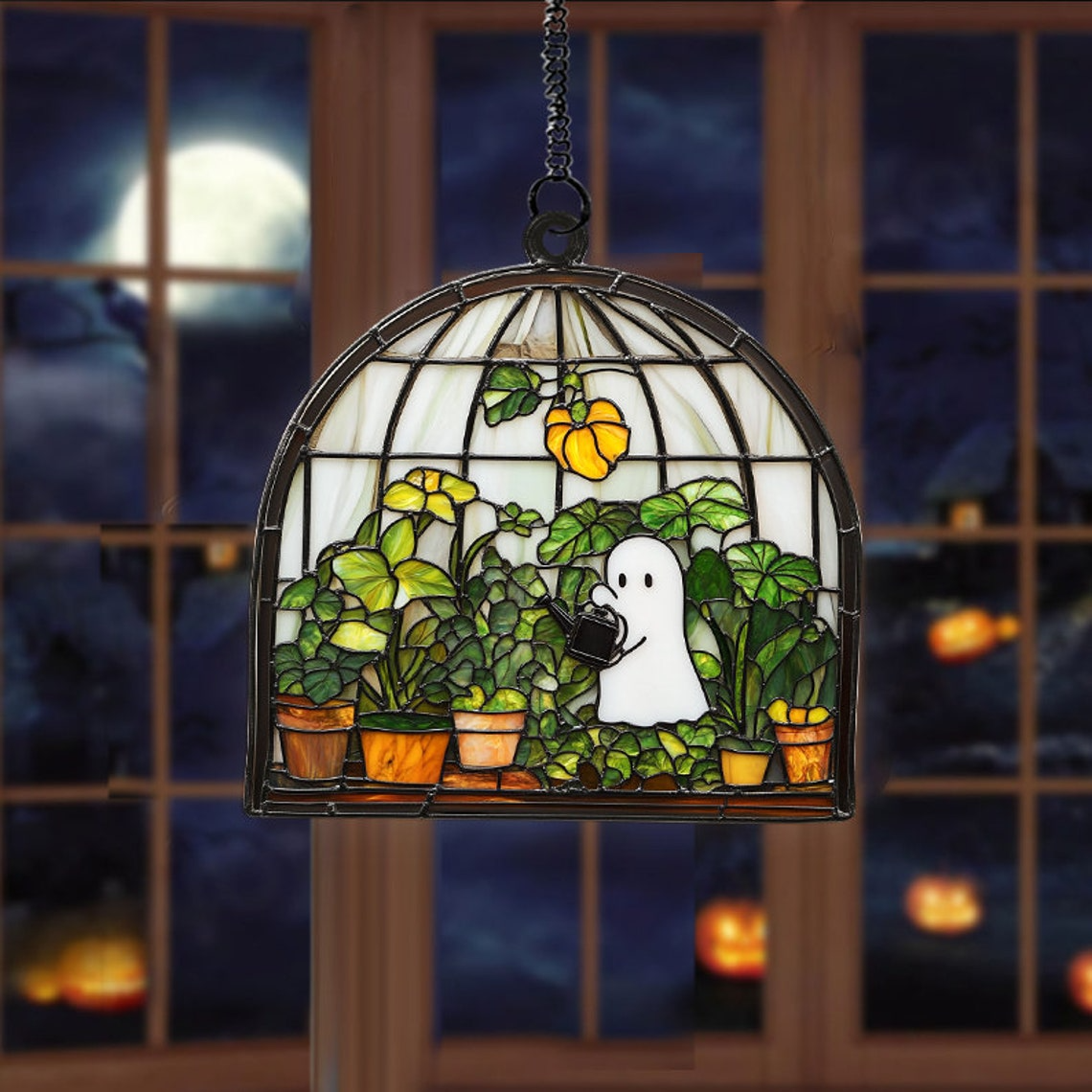 Ghost at Greenhouse Take Care of Trees Suncatcher, Cute Ghost Hanging Ornament