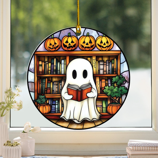 Ghost Read Book at the Library Circle Suncatcher, Cute Ghost Halloween Ornament