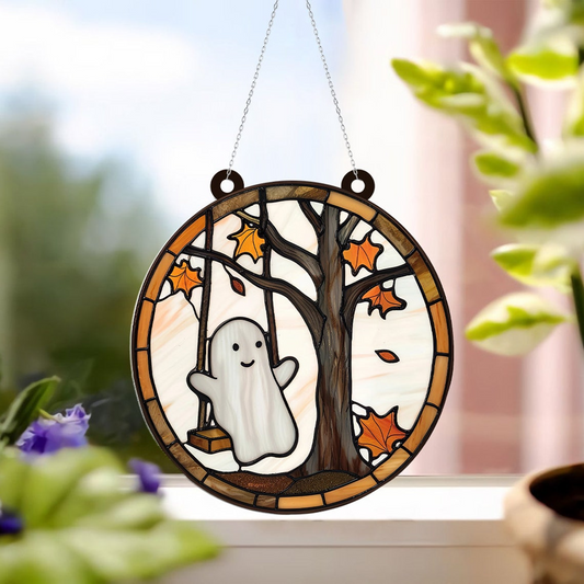 Ghost Playing Alone Funny Halloween Suncatcher Ornament, Halloween Cute Ghost Ornament