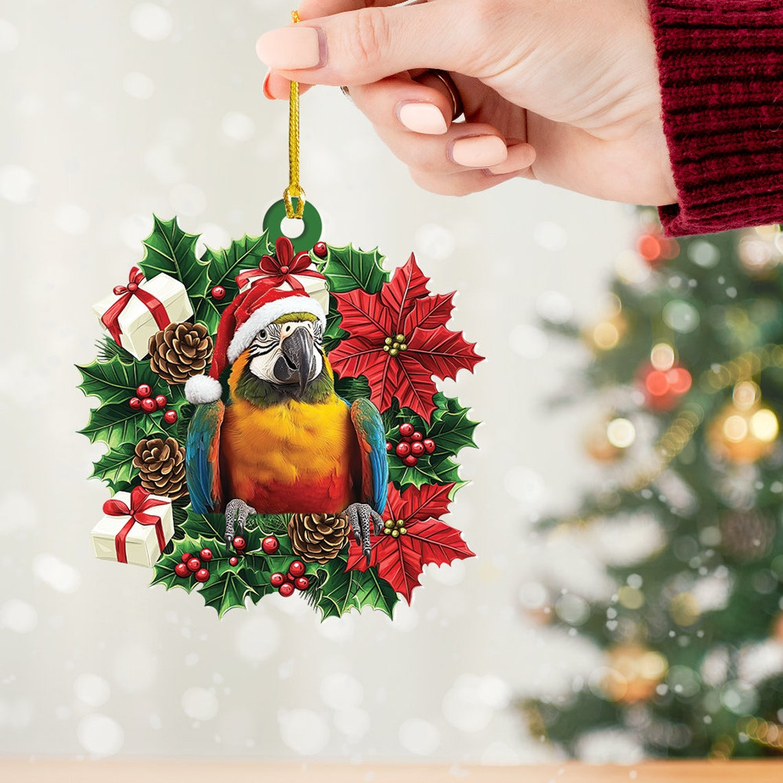 Parrot Hanging Christmas Tree Wreath Ornament, Cute Parrot Rearview Mirror Car Ornament