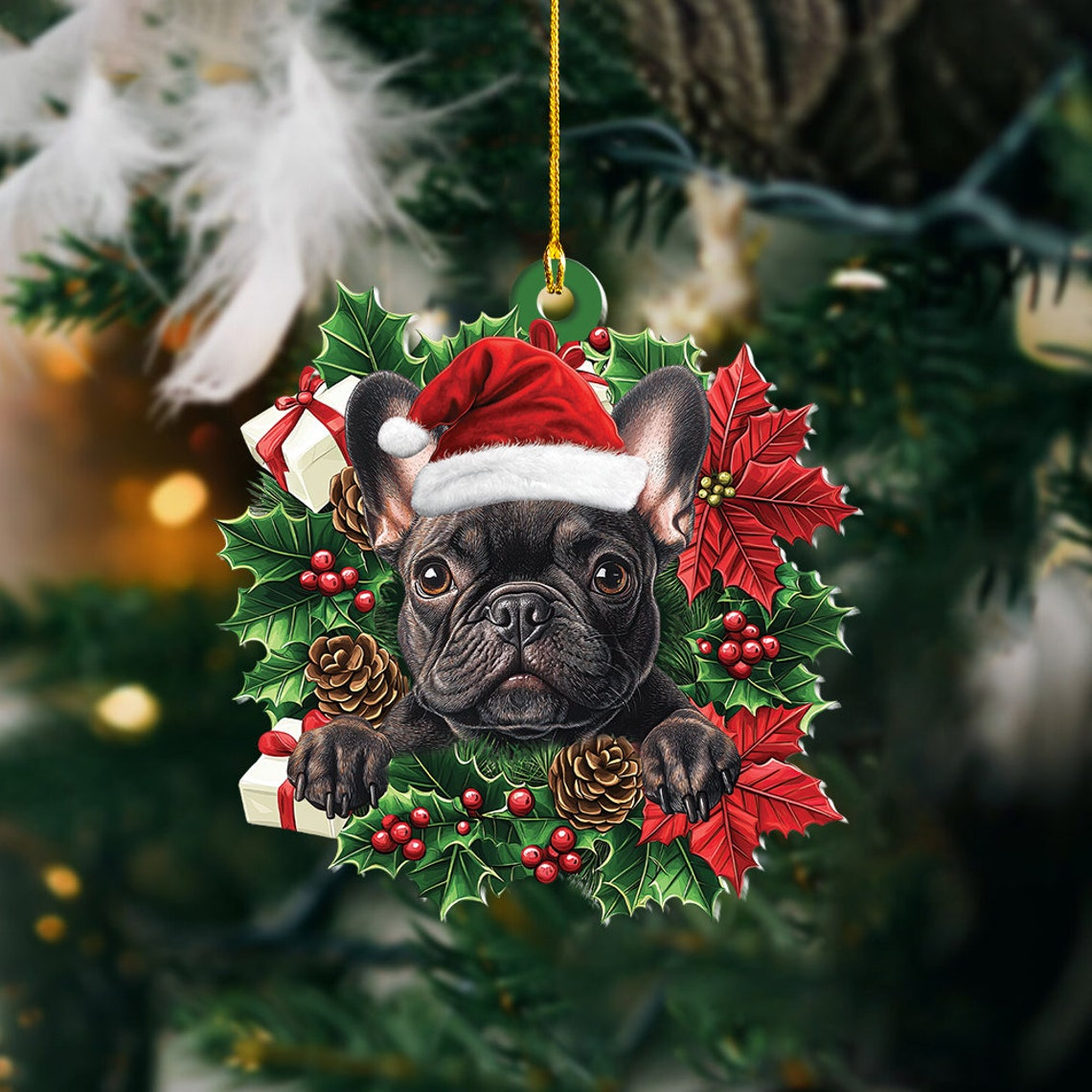 French Bulldog Christmas Wreath Ornament Decor, French Bulldog Christmas Ornament Holiday Gift