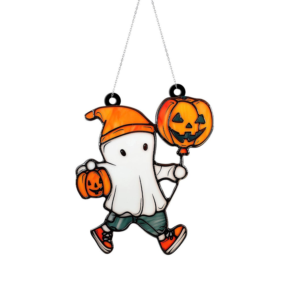 Ghost Boy with Pumpkins Window Suncatcher, Halloween Ghost Hanging Ornament