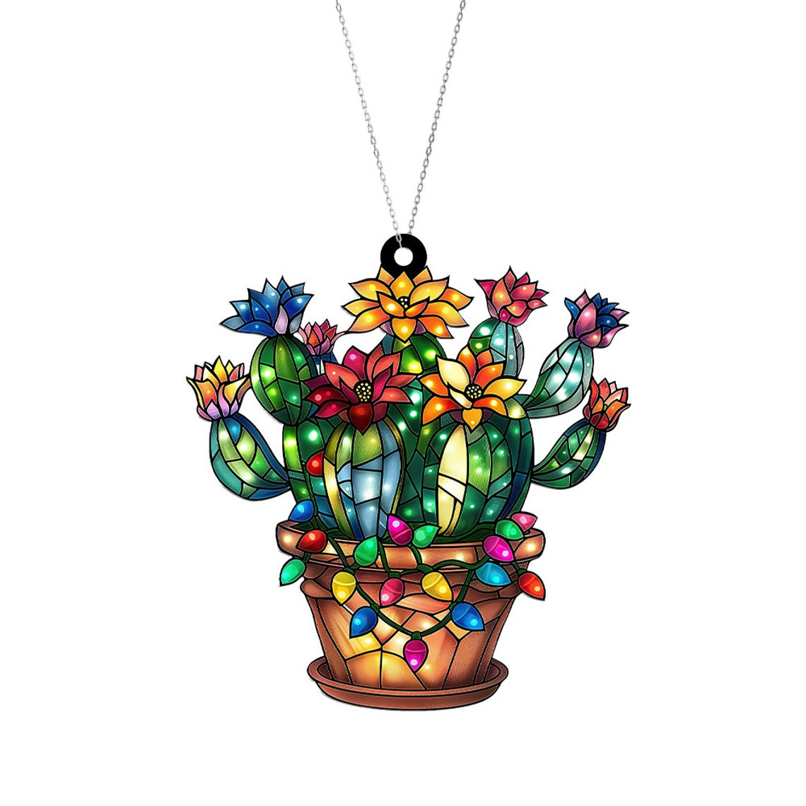 Cactus Pot Christmas Suncatcher, Cactus Flowers Window Suncatcher Ornament