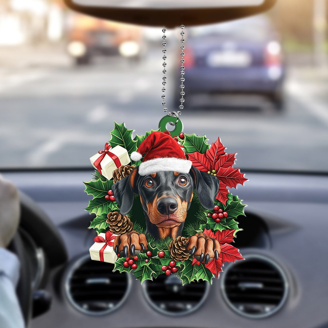 Doberman Pinscher Dog Christmas Wreath Ornament, Dobermann Dog Car Hanging Christmas Ornament