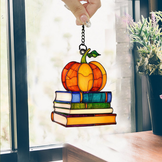 Pumpkin on the Books Suncatcher, Halloween Suncatcher Ornament Decor