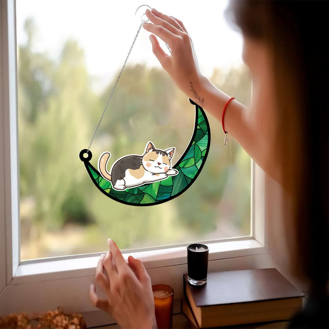 Baby Cat Sleeping on Moon Suncatcher, Cute Cat on Moon Window Hanging Ornament Decor