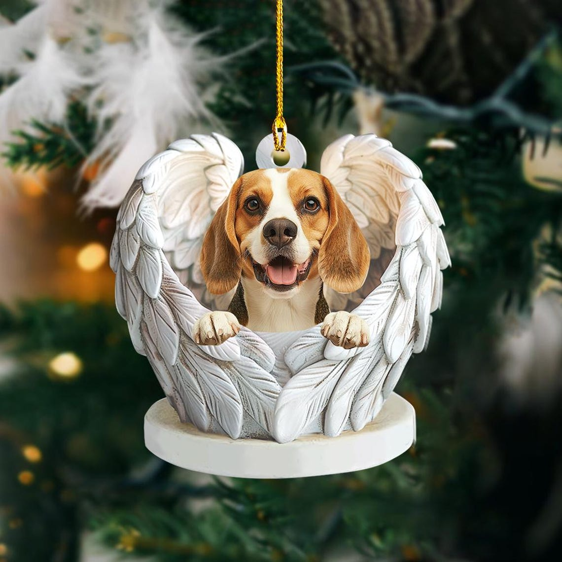 Cute Beagle Dog Angel Wings Christmas Ornament, Beagle Dog Flat Hanging Christmas Ornament Decor