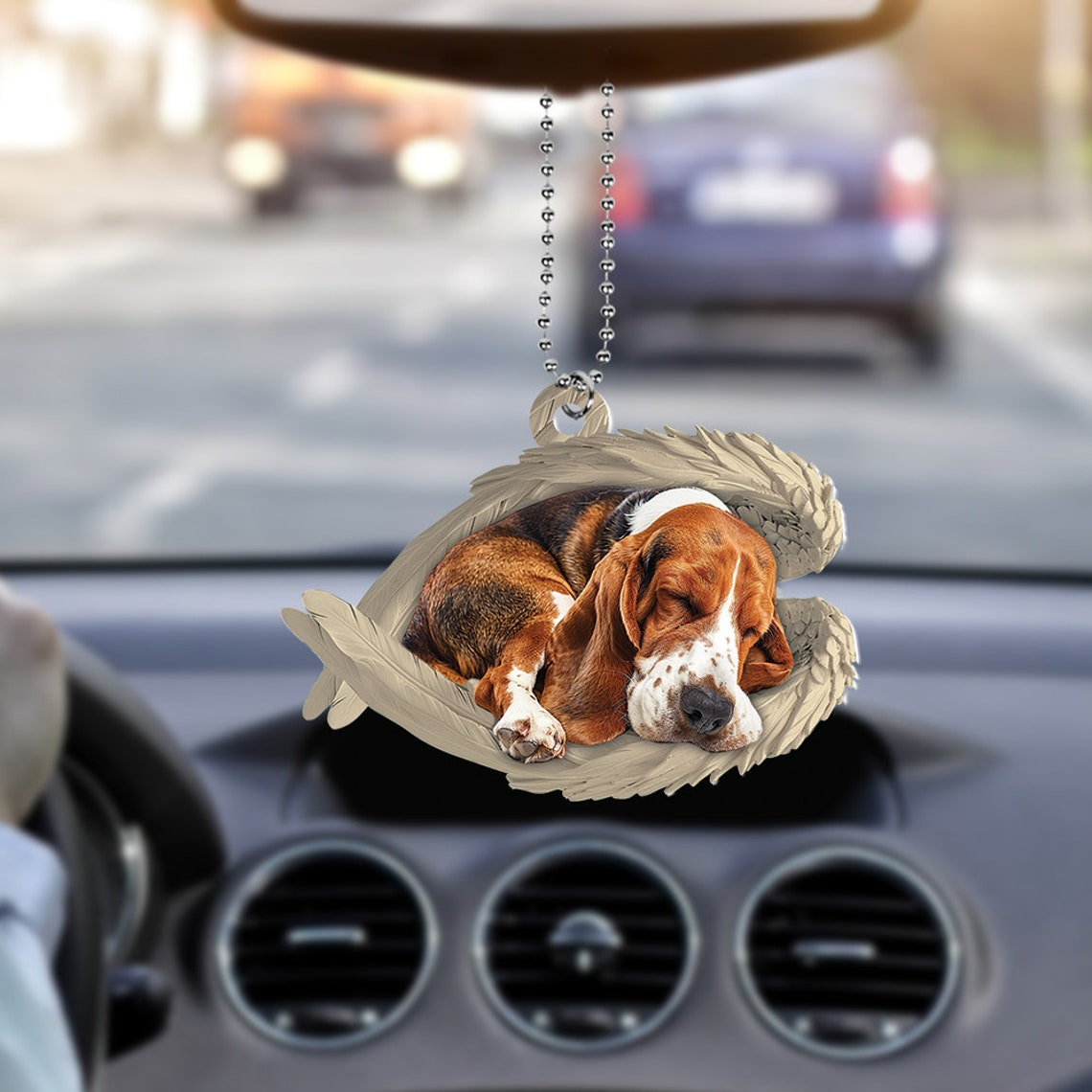 Basset Hound Dog Sleeping Angel Wings Ornament, Basset Hound Dog Christmas Ornament