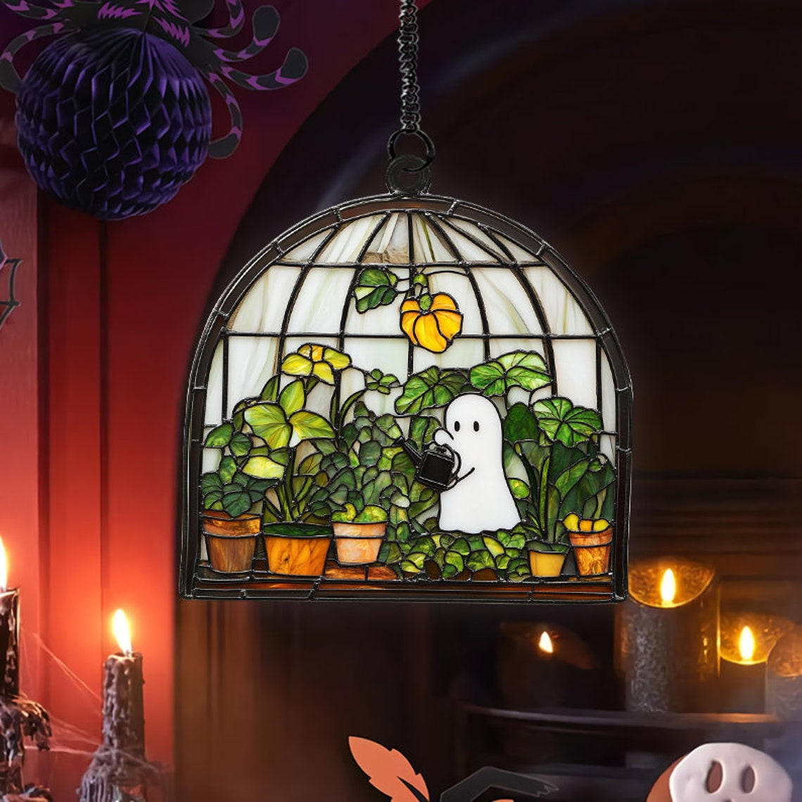 Ghost at Greenhouse Take Care of Trees Suncatcher, Cute Ghost Hanging Ornament