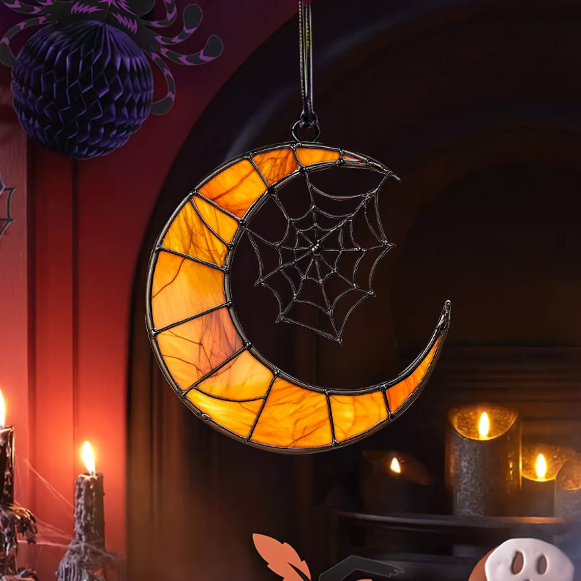 Moon Crest And Spider Web Suncatcher, Halloween Moon Crest And Spider Web Home