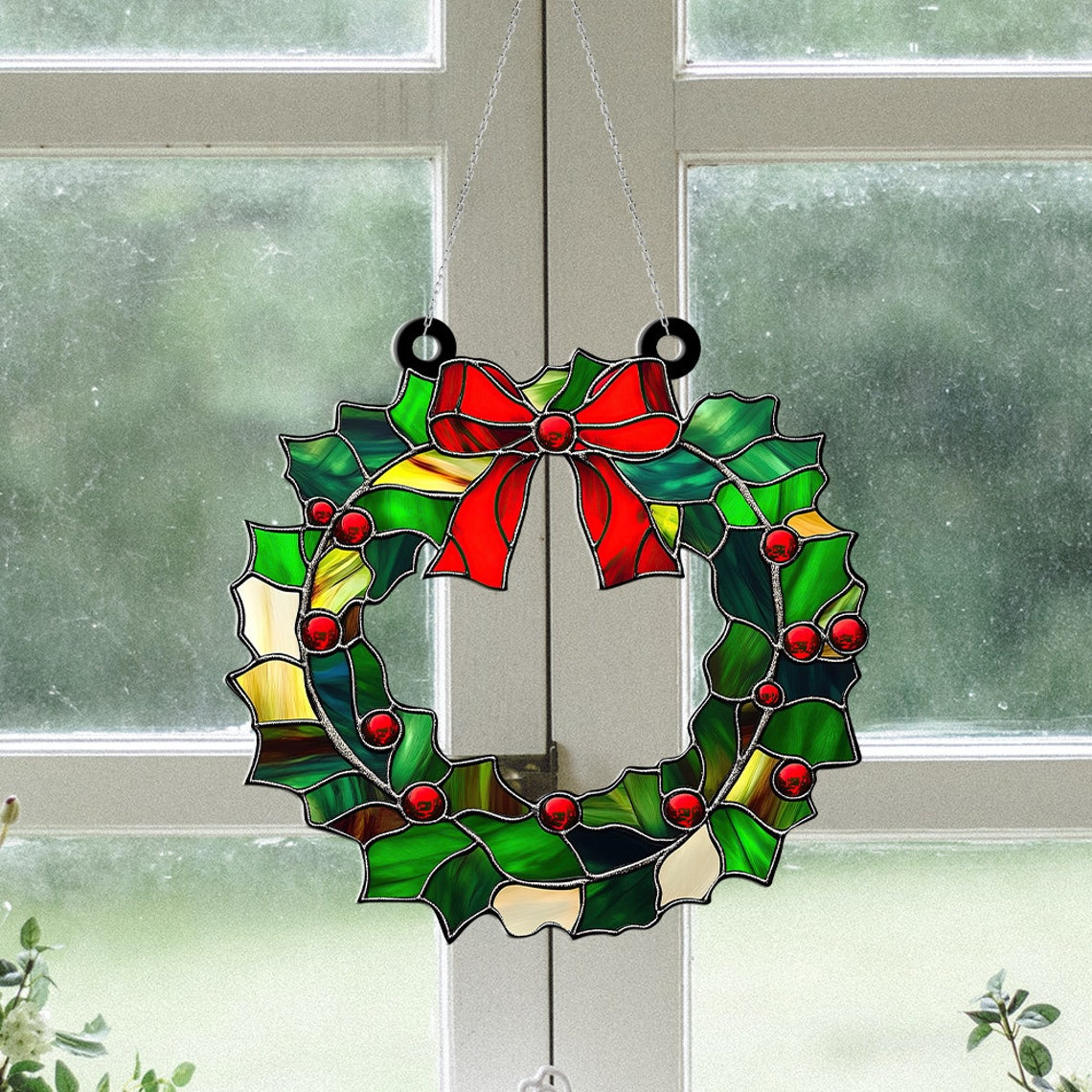 Christmas Wreath Suncatcher Ornament, Christmas Wreath Hanging Decor Gift