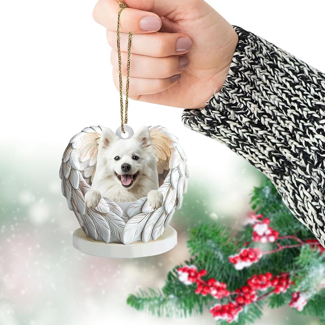 Christmas American Eskimo Dog Angel Wings Ornament, Cute White Dog Flat Hanging Decor Christmas Ornament