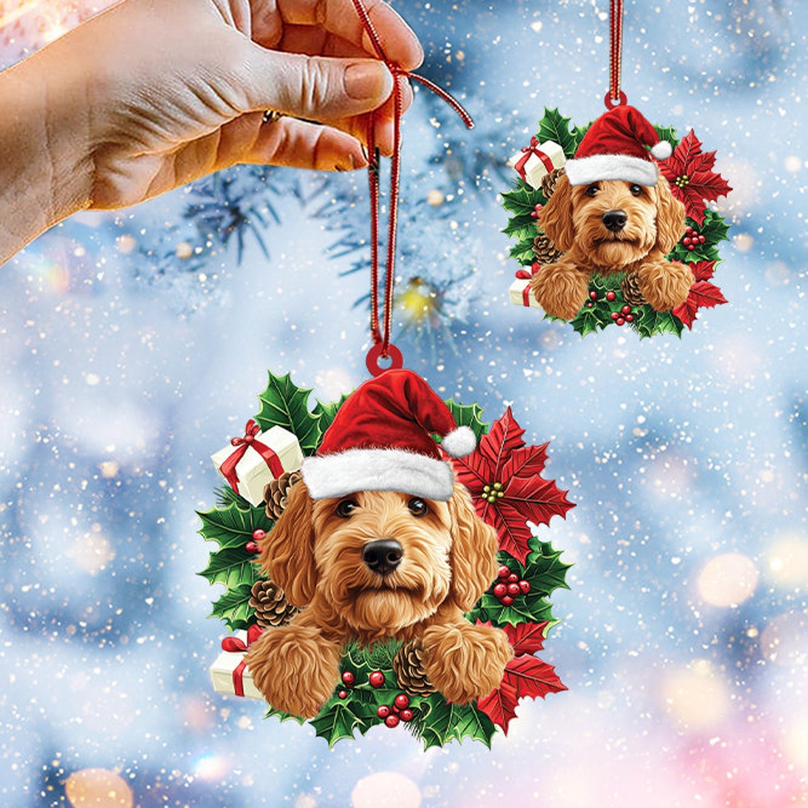 Labradoodle Dog Christmas Wreath Ornament, Labradoodle Dog Christmas Ornament Decor Gift