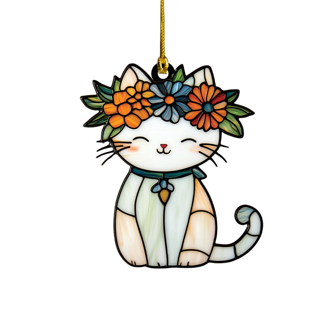 Cute Kitty with Floral Crown Suncatcher, Cute Kitty Hanging Ornament Home Decor