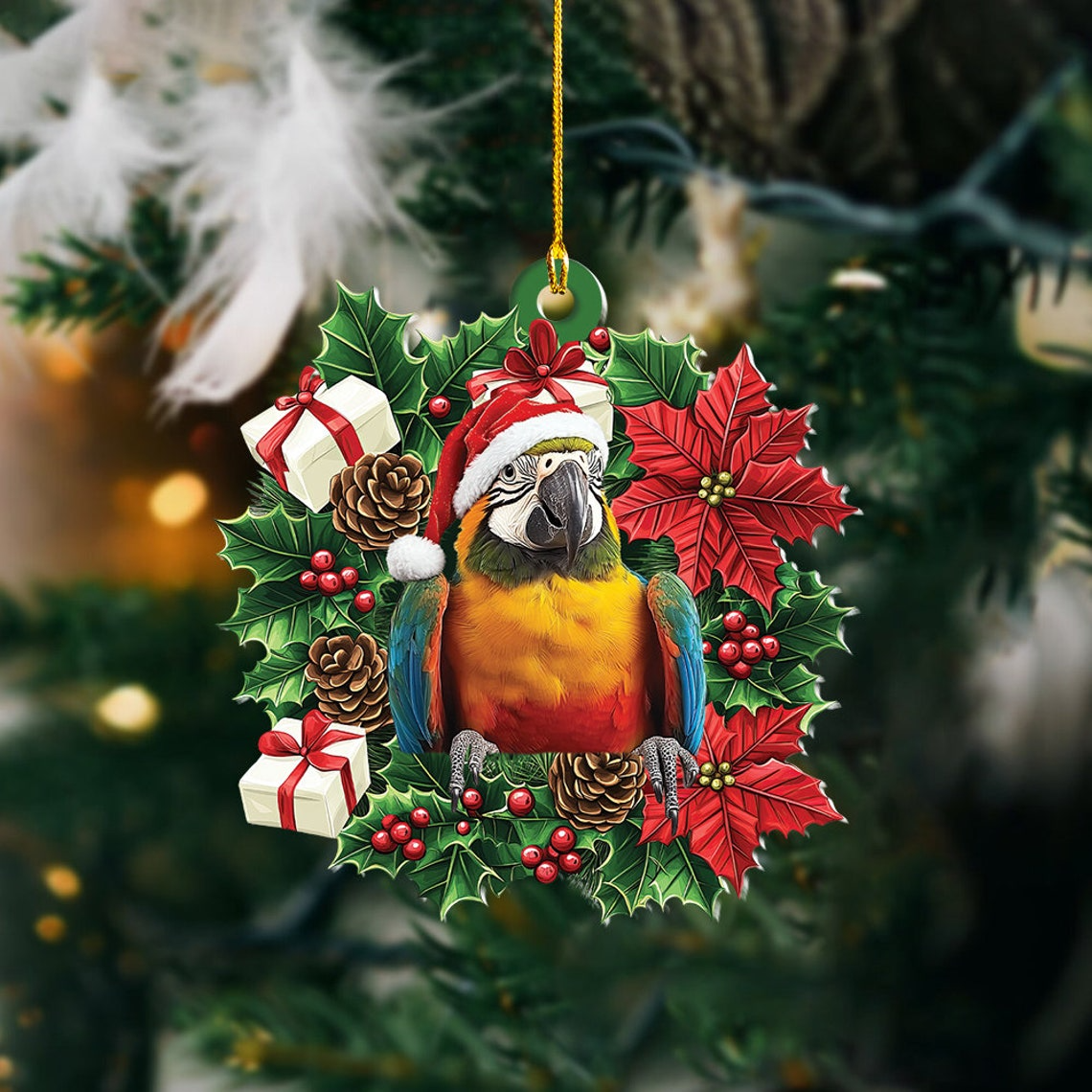 Parrot Hanging Christmas Tree Wreath Ornament, Cute Parrot Rearview Mirror Car Ornament