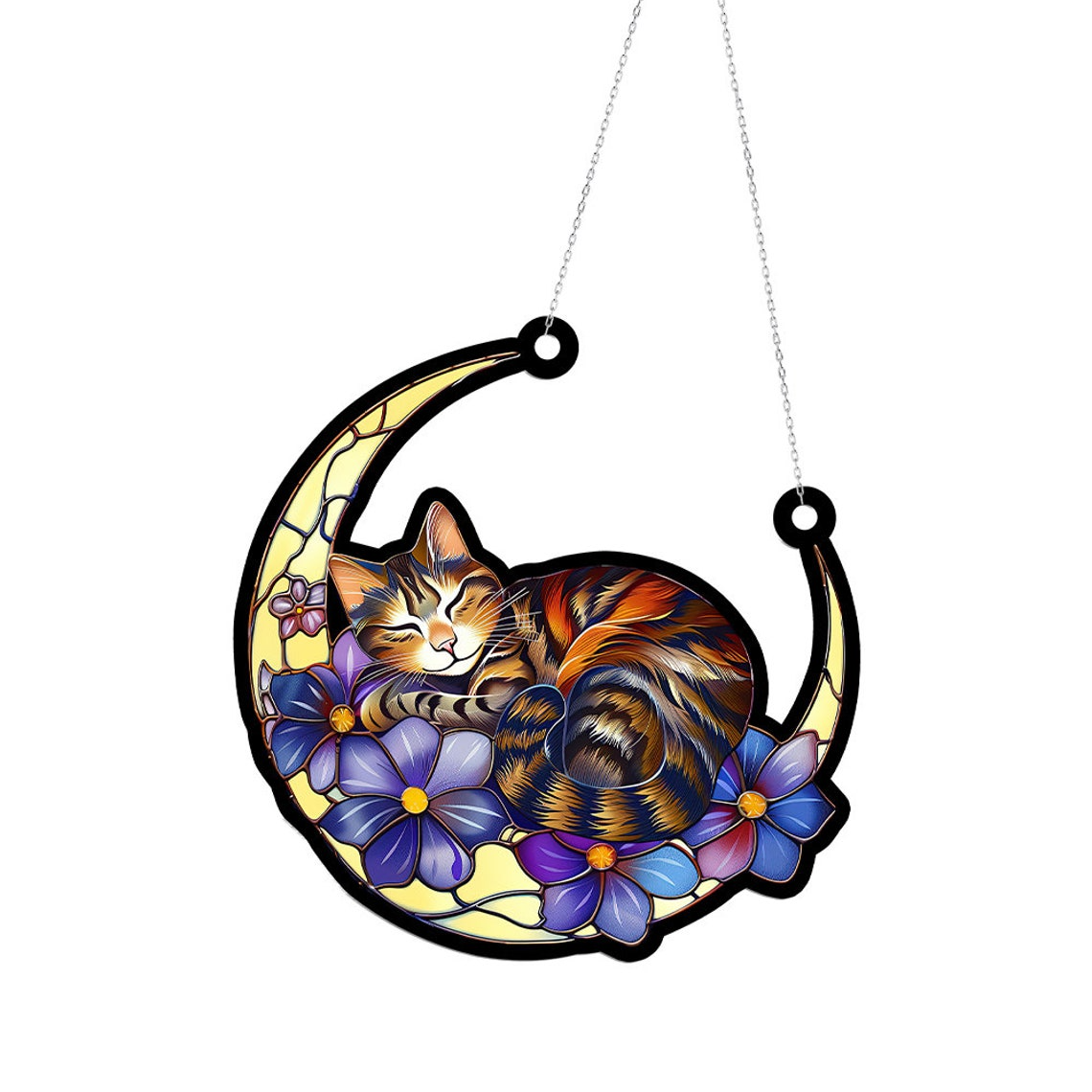 Cat and Floral Purple Memorial Suncatcher, Pet Cat Memorial Hanging Window Ornament