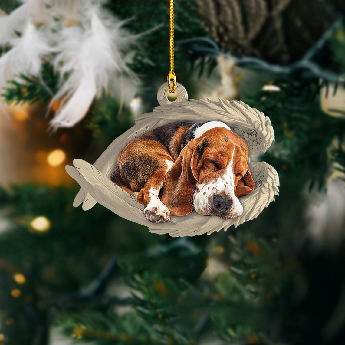 Basset Hound Dog Sleeping Angel Wings Ornament, Basset Hound Dog Christmas Ornament