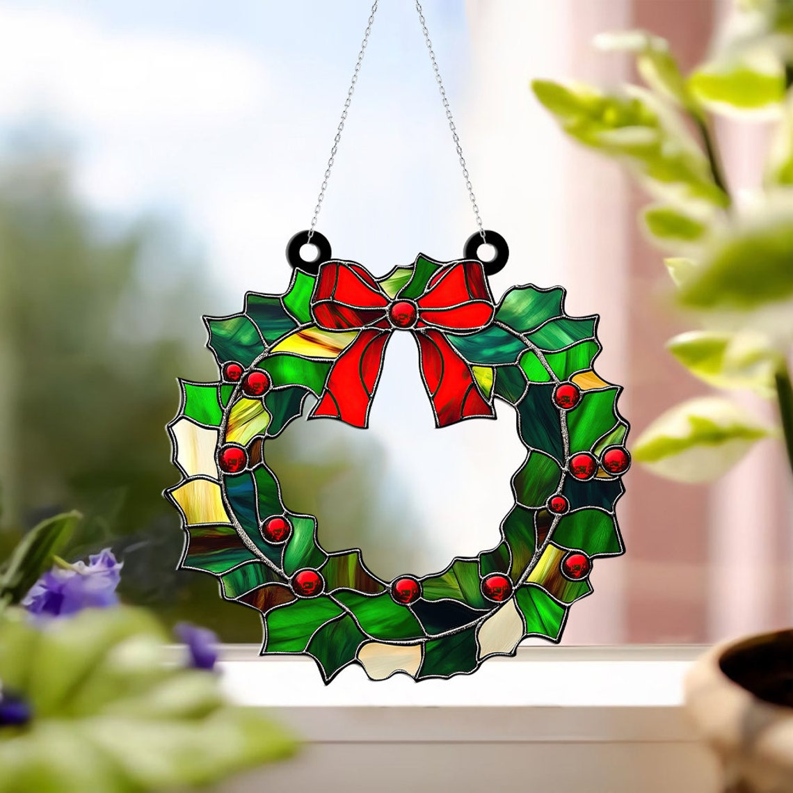 Christmas Wreath Suncatcher Ornament, Christmas Wreath Hanging Decor Gift