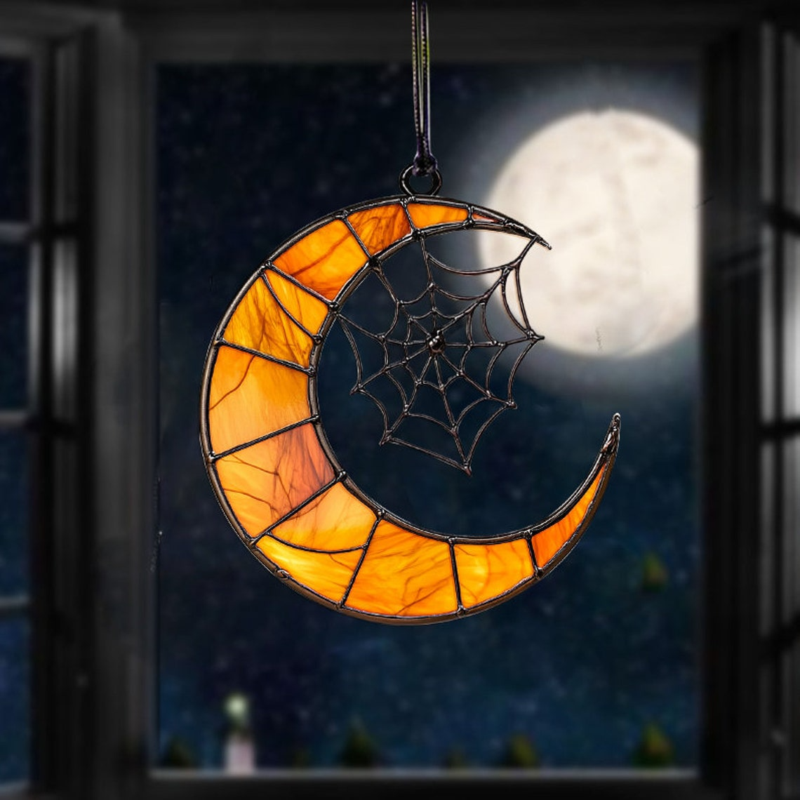 Moon Crest And Spider Web Suncatcher, Halloween Moon Crest And Spider Web Home