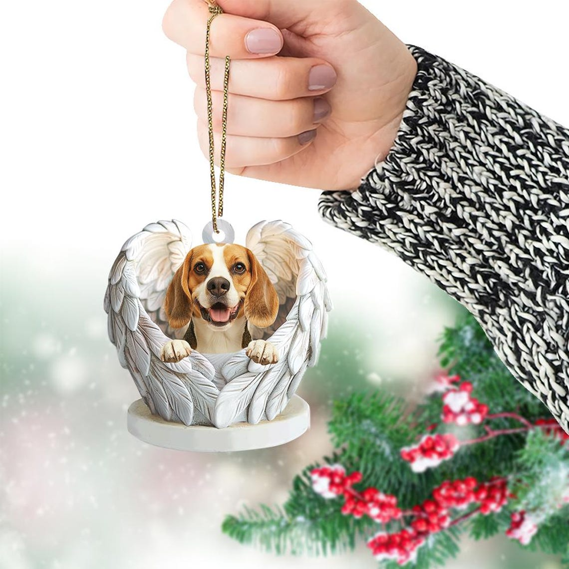 Cute Beagle Dog Angel Wings Christmas Ornament, Beagle Dog Flat Hanging Christmas Ornament Decor