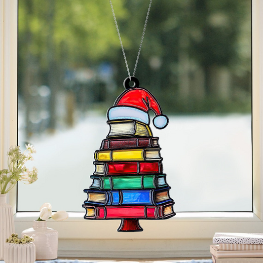 Bookstack Christmas Suncatcher Ornament, Reading Room Window Suncatcher Decor