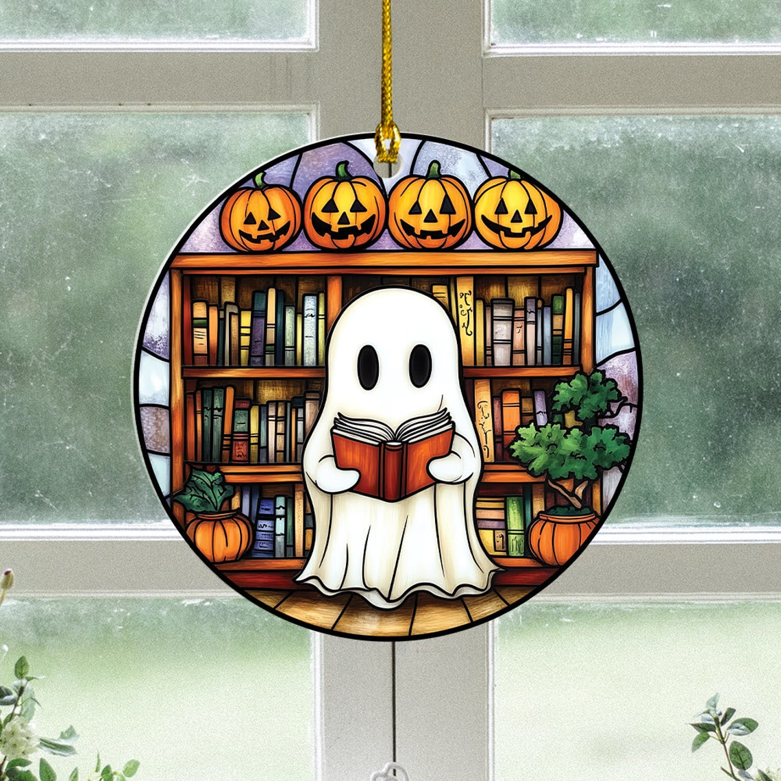 Ghost Read Book at the Library Circle Suncatcher, Cute Ghost Halloween Ornament