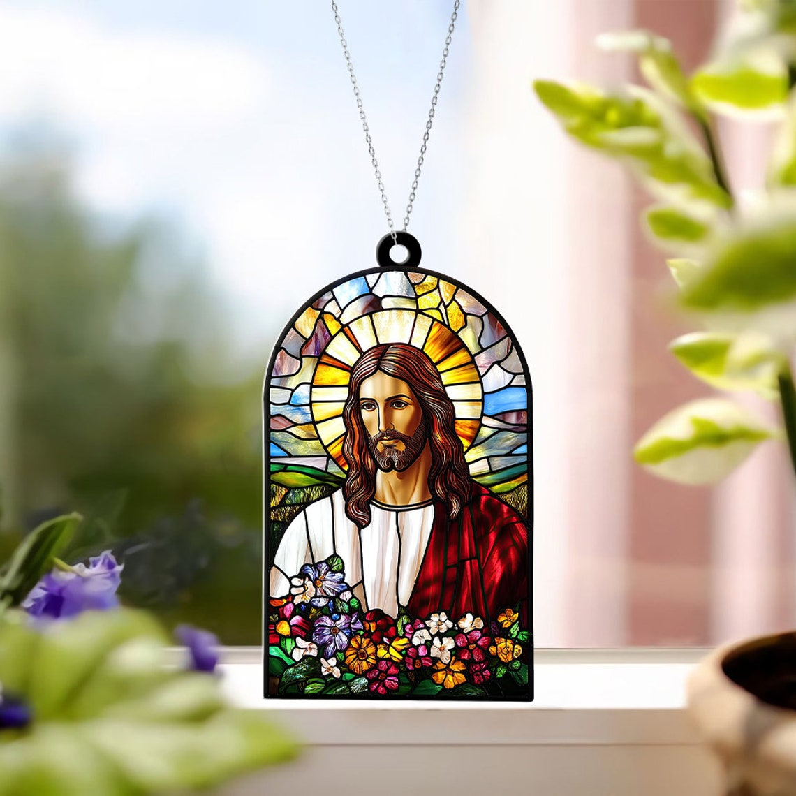 Jesus Hanging Suncatcher Ornament, Christian Faith God Window Suncatcher