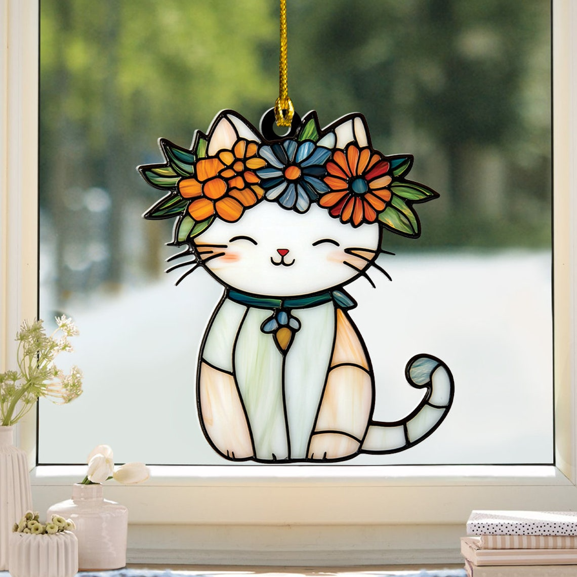 Cute Kitty with Floral Crown Suncatcher, Cute Kitty Hanging Ornament Home Decor