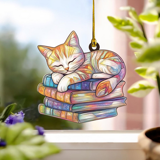 Cat Sleeping Books Suncatcher Ornament, Cat Sleeping Hanging Ornament Home Decor