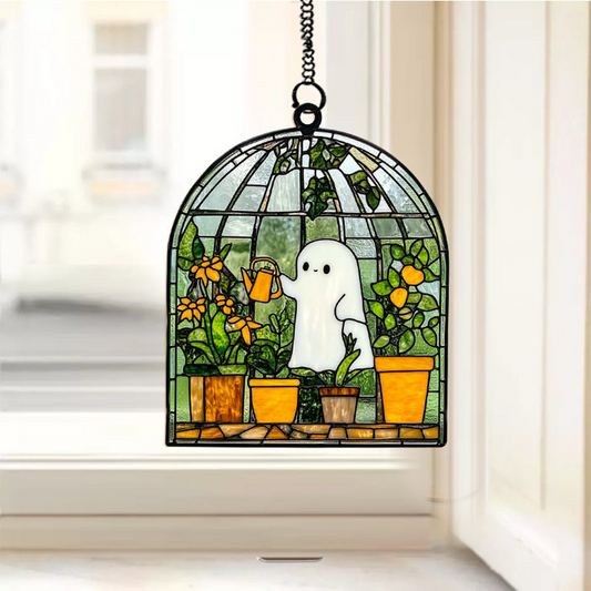 Cute Ghost Hanging Ornament, Ghost at Greenhouse Halloween Suncatcher Decor