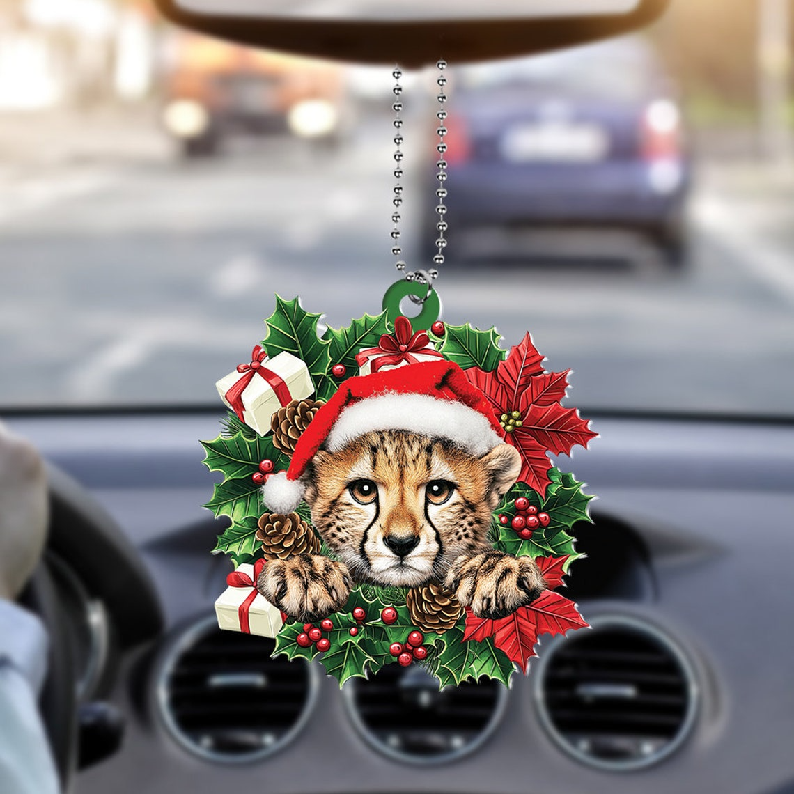 Cheetah Hanging Christmas Wreath Ornament, Unique Cheetah Rearview Mirror Car Ornament Decor