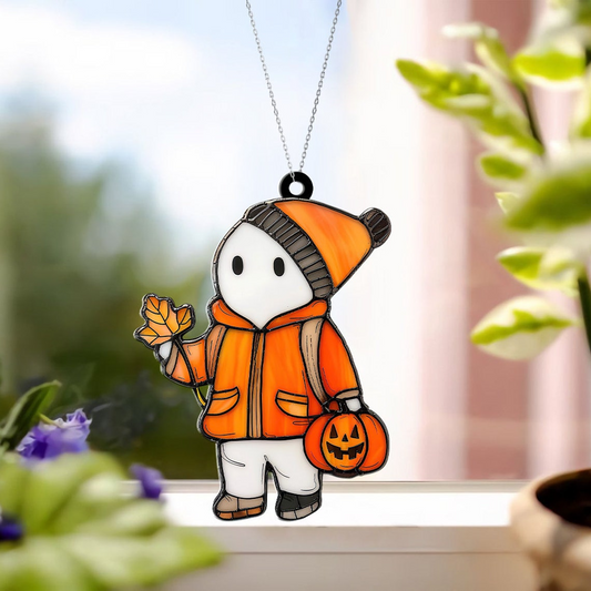 Ghost with Leaves Fall and Pumpkins Halloween Suncatcher, Halloween Cute Ghost Ornament,