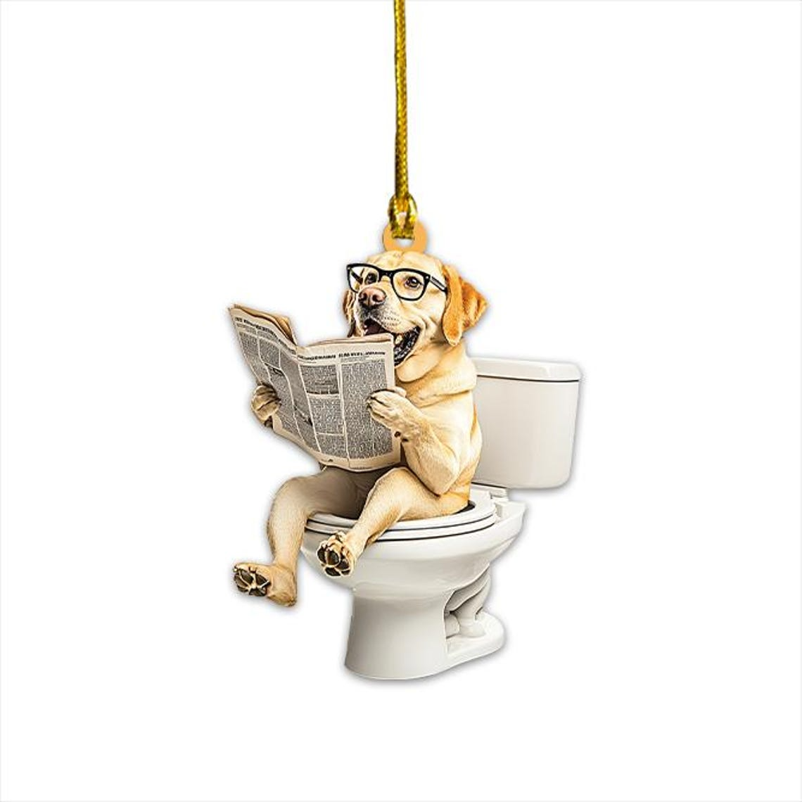 Golden Retriever Dog Sitting On Toilet Ornament, Christmas Dog Reading Newspaper Ornament