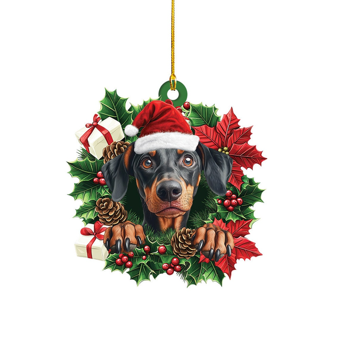 Doberman Pinscher Dog Christmas Wreath Ornament, Dobermann Dog Car Hanging Christmas Ornament